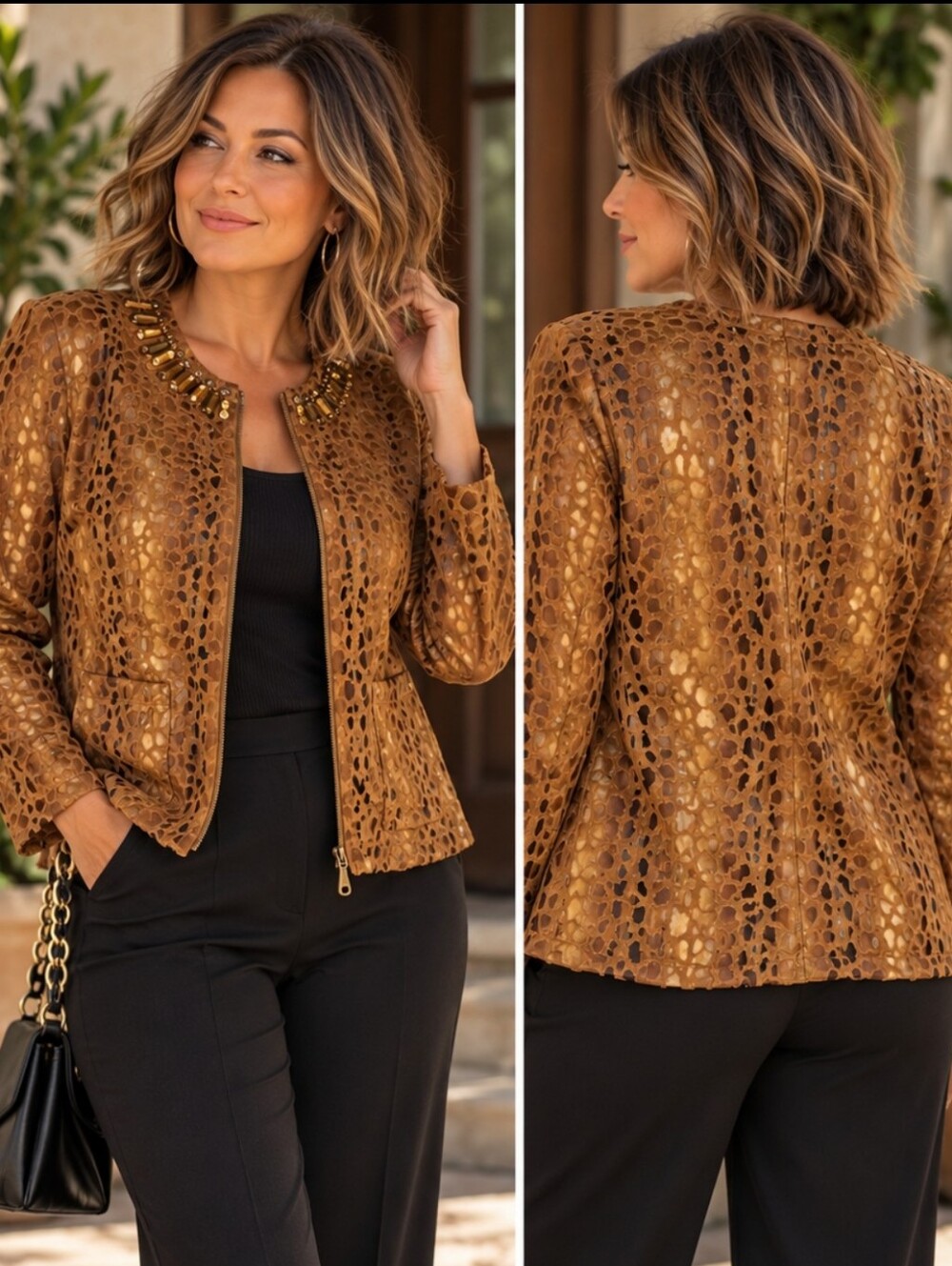 Alfred Dunner Women’s Size 14 Embellished Cutout Jacket – Bronze Brown Gold